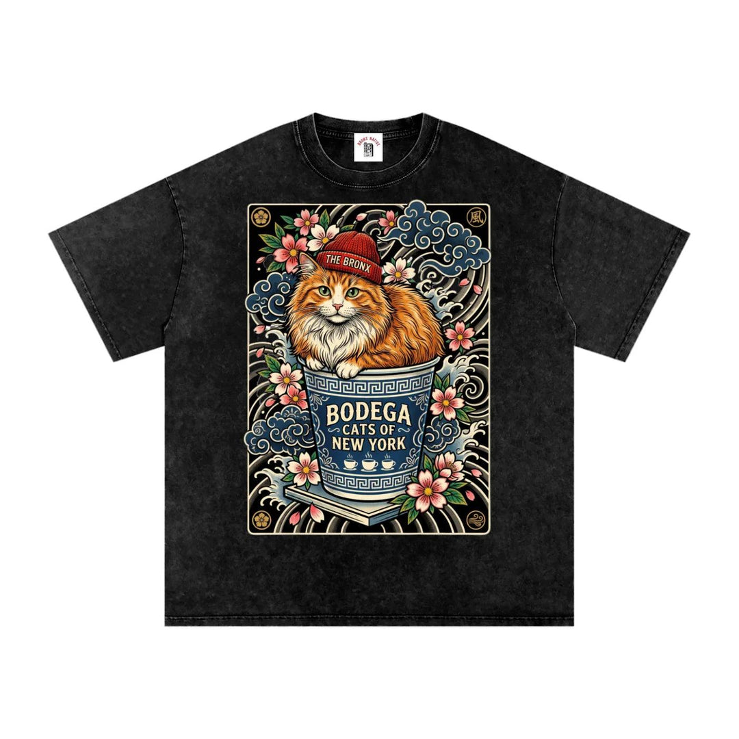 Bodega Cats of New York Snow Washed Oversized Cotton T-Shirt by Bronx Native for New York summer