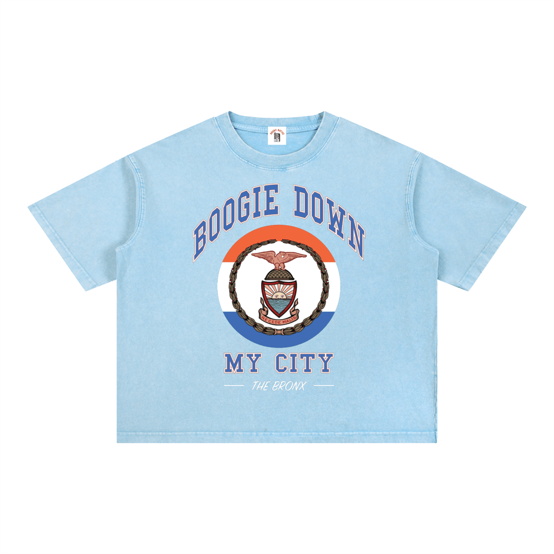 Boogie Down My City Mineral Wash Boxy Cotton T-Shirt by Bronx Native for New York summer