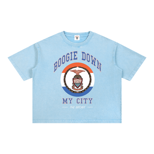 Boogie Down My City Mineral Wash Boxy Cotton T-Shirt by Bronx Native for New York summer