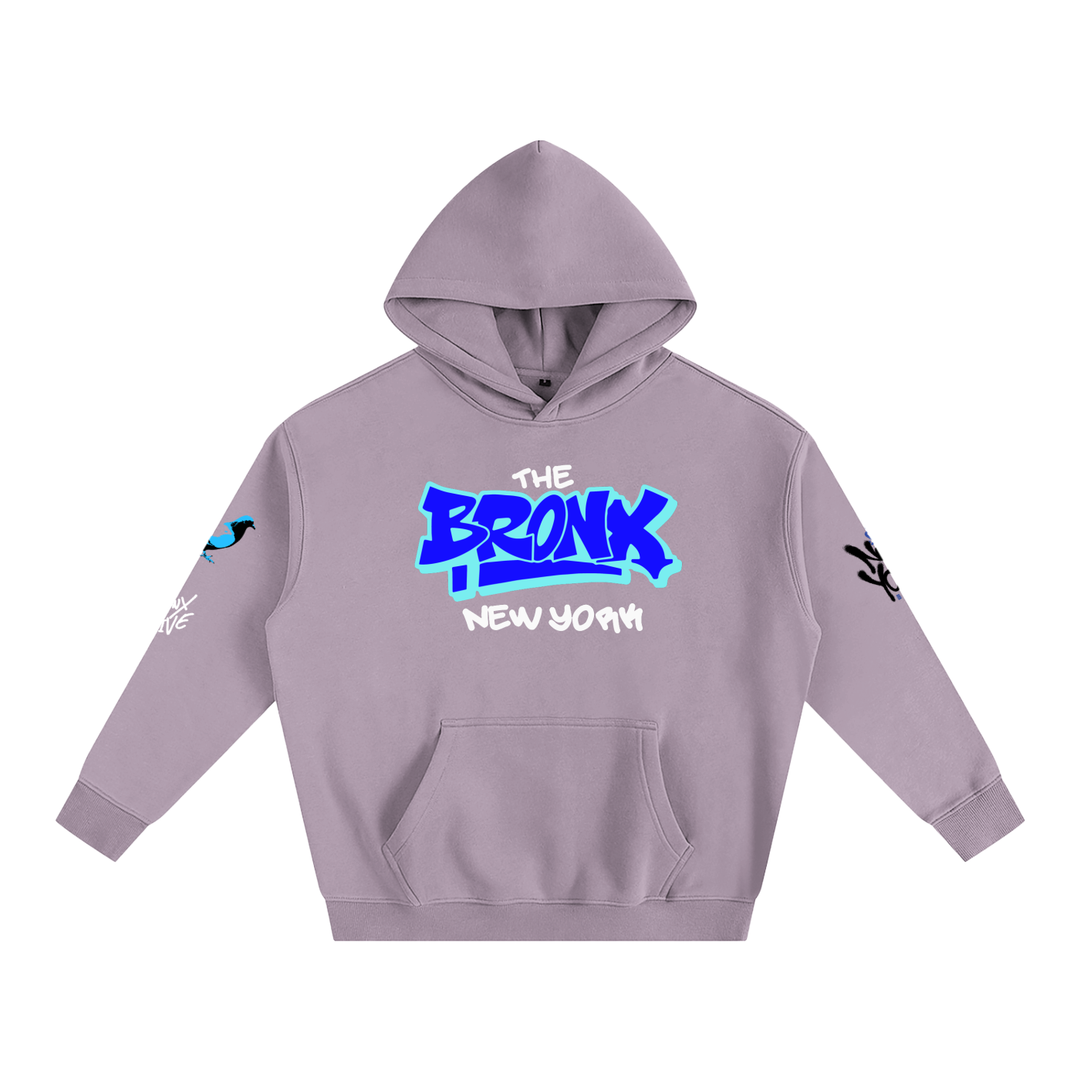 Purple hoodie with 'The Bronx New York' text on a white background