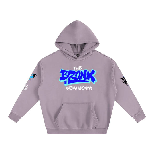 Purple hoodie with 'The Bronx New York' text on a white background