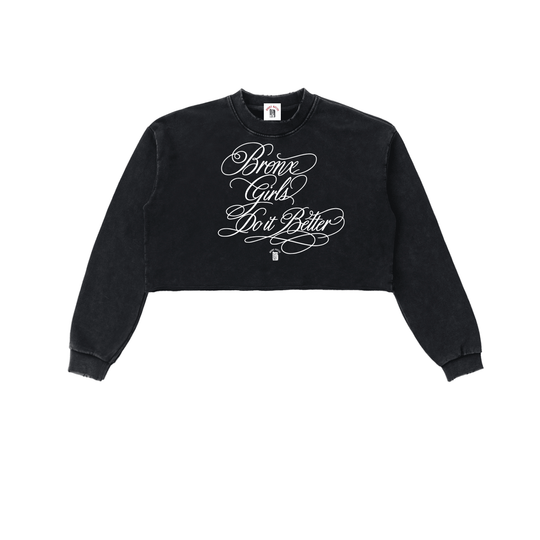 Bronx Girls Do It Better Snow Washed Raw Edge Cropped Sweatshirt by Bronx Native