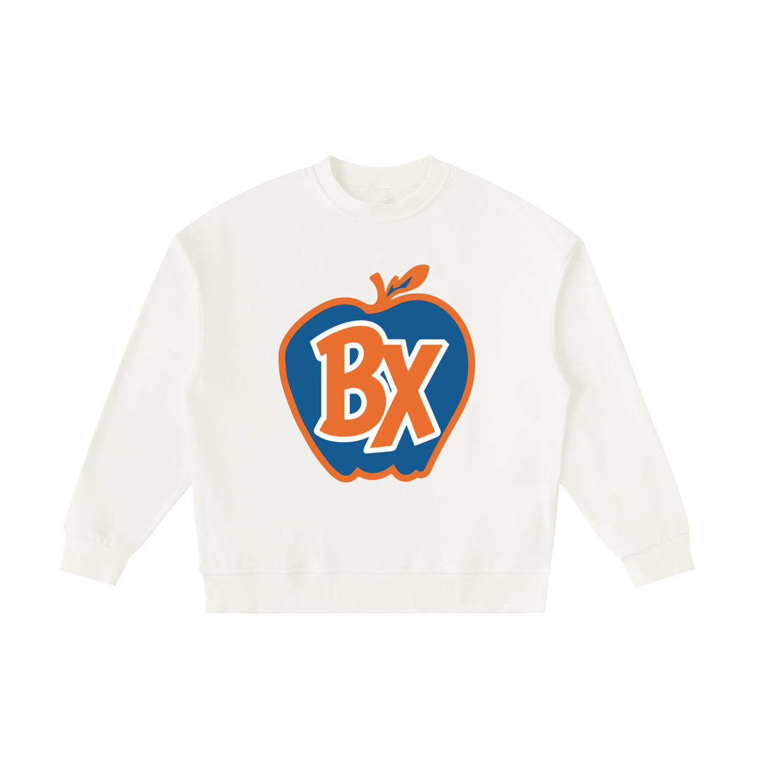 White sweatshirt with a colorful 'BX' logo on a white background