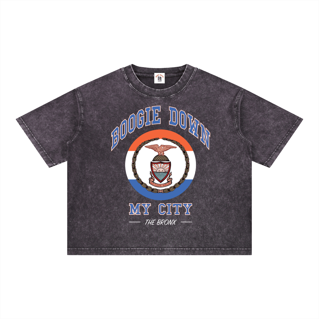 Boogie Down My City Mineral Wash Boxy Cotton T-Shirt by Bronx Native for New York summer