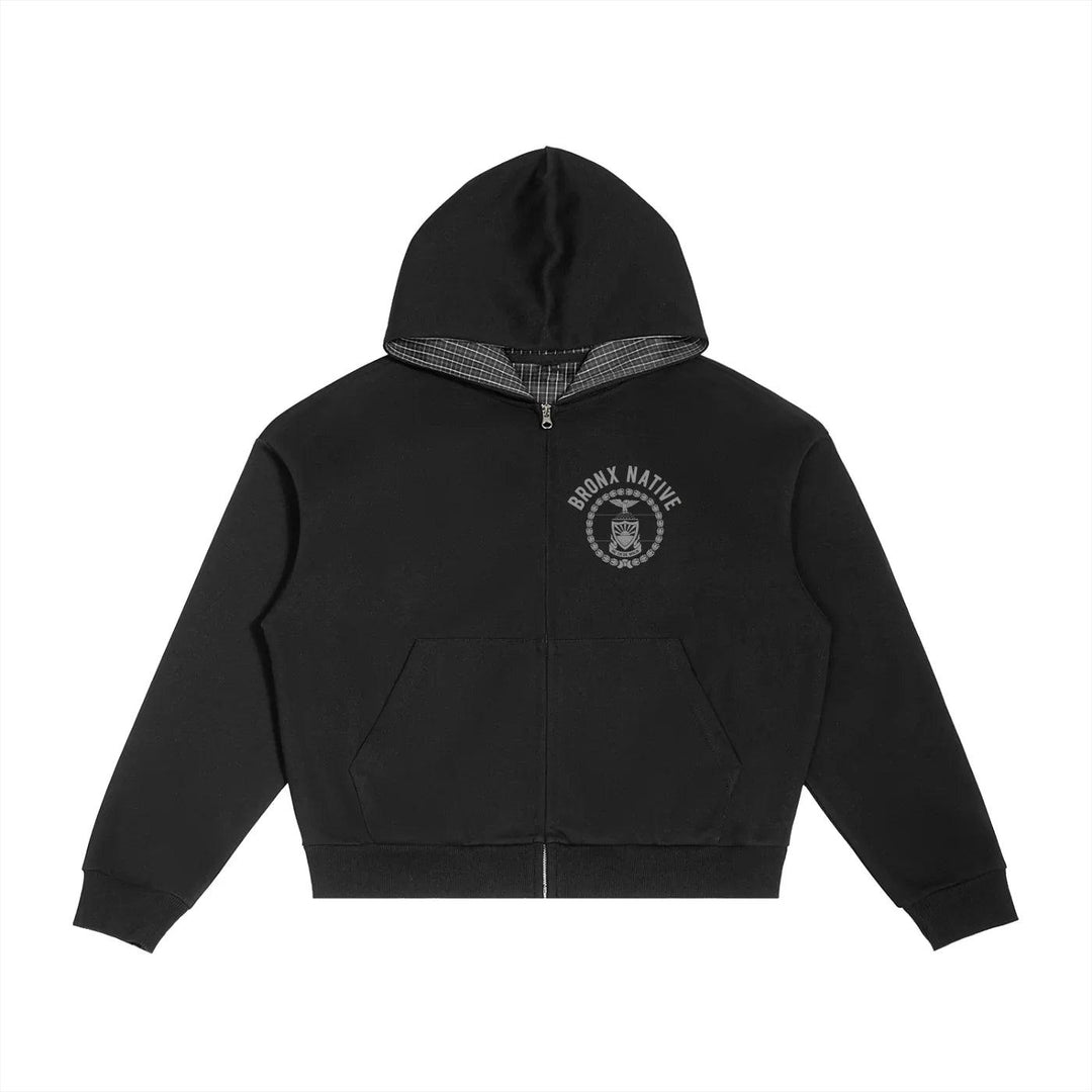 BX Crest 718 Contrast Plaid Boxy Zip Hoodie | Bronx Native – Bronx BX Crest 718 Contrast Plaid Boxy Zip Hoodie | Bronx Native – Bronx