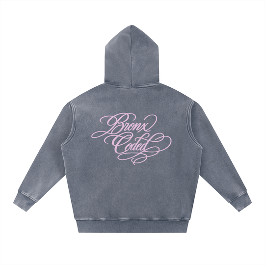 Gray hoodie with 'Bronx Coded' text on the back against a white background