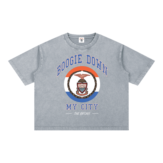 Boogie Down My City Mineral Wash Boxy Cotton T-Shirt by Bronx Native for New York summer