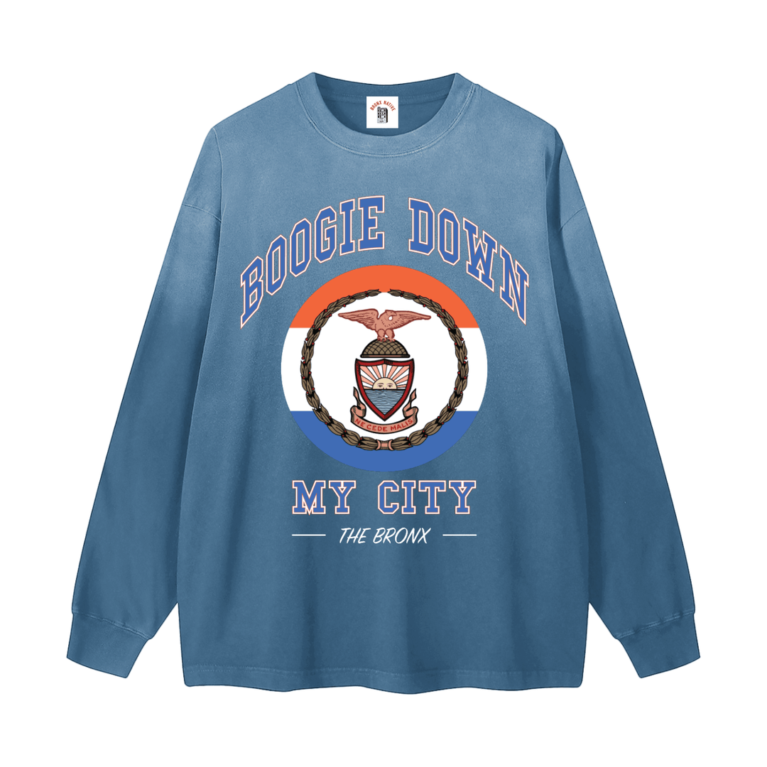 Boogie Down My City Gradient Washed Long Sleeve T-Shirt by Bronx Native for New York summer
